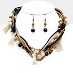  Twisted Multi-Strand Beaded Faux Suede Necklace with Tassels
